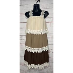 Miin Tiered Brown Boho Mini Dress Medium